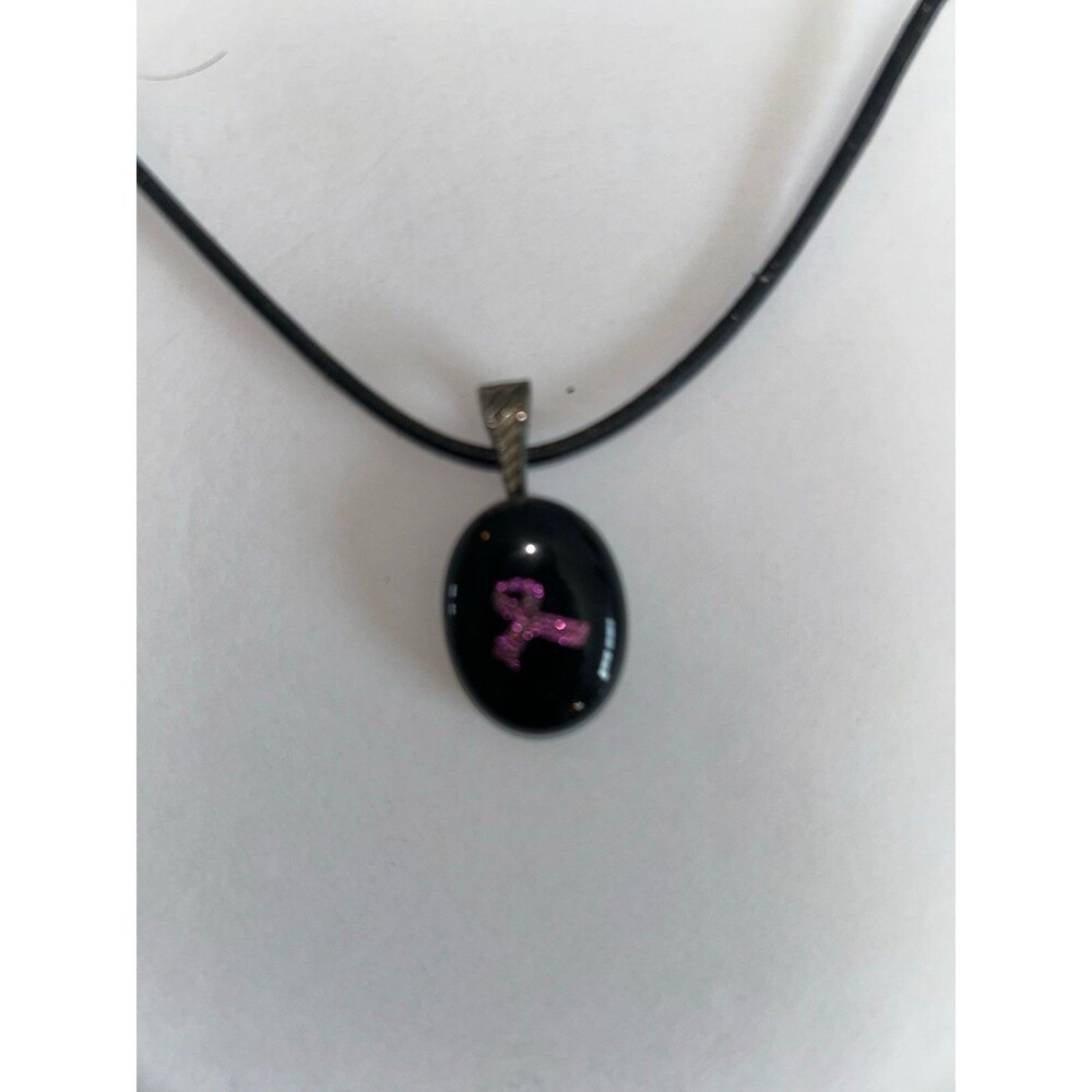 Black Cord Necklace with Pink Ribbon Pendant